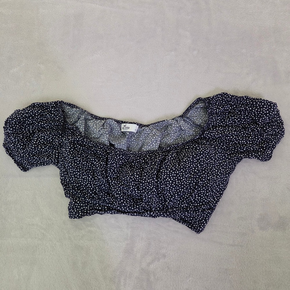 Hollister Navy Blue Polka Dot Off The Shoulder Tie Back Crop Top Large